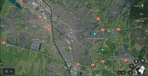 aerial map of Utrecht. Shows highways to east, west and south of the town.